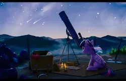 Size: 3508x2261 | Tagged: safe, artist:yvt-jp, derpibooru import, twilight sparkle, twilight sparkle (alicorn), alicorn, pony, book, candle, chest, female, frown, horn, inkwell, lojban, looking up, mare, night, outdoors, quill, scenery, scenery porn, shooting star, shooting stars, sitting, sky, solo, stargazing, stars, telescope, wavy mouth, wide eyes, windswept mane, wings