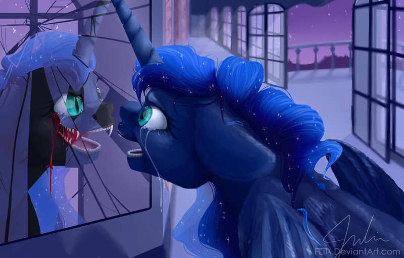 Size: 4700x3000 | Tagged: alicorn, artist:flita, blood, crying, derpibooru import, duality, looking at each other, mirror, night, nightmare moon, princess luna, semi-grimdark, tears of blood, teeth