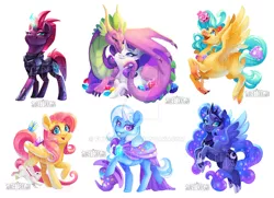 Size: 1024x742 | Tagged: safe, artist:flying-fox, derpibooru import, angel bunny, fluttershy, princess luna, princess skystar, rarity, shelldon, shelly, spike, tempest shadow, trixie, alicorn, butterfly, classical hippogriff, earth pony, hippogriff, pegasus, pony, rabbit, unicorn, my little pony: the movie, adult, adult spike, armor, cape, clothes, crown, female, hat, jewelry, looking at you, male, mare, older, older spike, regalia, shipping, simple background, sparity, straight, trixie's cape, trixie's hat, watermark, white background