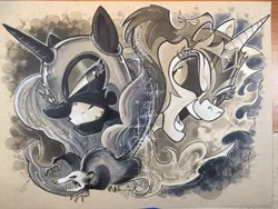Size: 2048x1536 | Tagged: safe, artist:andypriceart, derpibooru import, daybreaker, nightmare moon, philomena, tiberius, alicorn, opossum, phoenix, pony, andy you magnificent bastard, crown, duo, grayscale, jewelry, looking at each other, looking at you, monochrome, regalia, traditional art