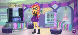 Size: 1152x526 | Tagged: safe, artist:artofmagicpoland, derpibooru import, official, sunset shimmer, equestria girls, equestria girls series, clothes, cosplay, costume, equestria girls logo, fashion photo booth, female, game, hasbro, implied lesbian, implied sci-twi, implied scitwishimmer, implied shipping, implied twilight sparkle