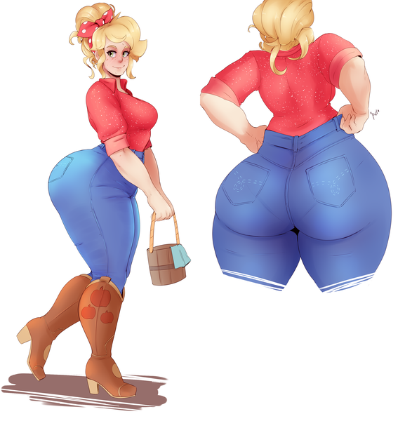 Size: 2506x2604 | Tagged: suggestive, artist:sundown, derpibooru import, applejack, human, equestria girls, equestria girls series, five to nine, applebucking thighs, applebutt, breasts, busty applejack, clothes, country applejack, extra thicc, female, humanized, jacqueline applebuck, jeans, looking at you, pants, panty line, simple background, smiling, solo, the ass was fat, thunder thighs, white background, wide hips
