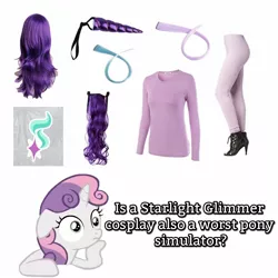 Size: 1386x1386 | Tagged: safe, derpibooru import, edit, starlight glimmer, sweetie belle, unicorn, abuse, clothes, cosplay, costume, drama, glimmerbuse, hair, image macro, implied starlight glimmer, legs, meme, mouthpiece, op isn't even trying anymore, question, shoes, simple background, solo, starlight drama, sticker, thinking, white background, worst pony