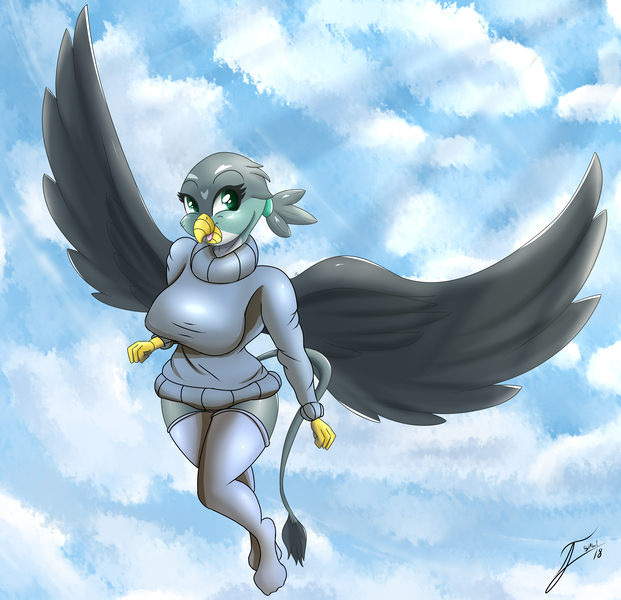 Size: 3759x3629 | Tagged: safe, artist:nexcoyotlgt, derpibooru import, gabby, anthro, gryphon, breasts, busty gabby, clothes, cute, female, image, jpeg, socks, solo, stockings, stupid sexy gabby, sweater, thigh highs, wings