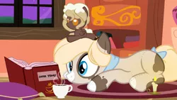 Size: 9375x5272 | Tagged: 16:9, absurd resolution, artist:besttubahorse, book, bookshelf, candle, carpet, clothes, coffee cup, cup, cushion, derpibooru import, female, lying down, night, oc, oc:cappuccino blanket, oc:sweet mocha, original species, plushie, plushie hat, plush pony, reading, safe, scarf, solo, tail bow, unofficial characters only, vector, window