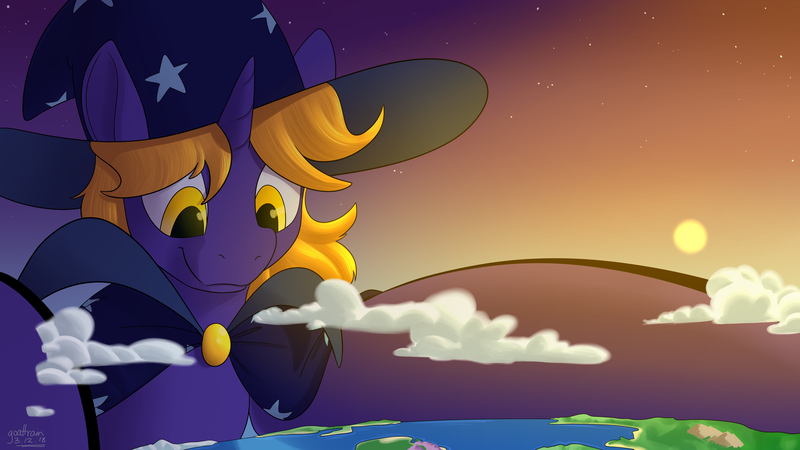 Size: 4800x2700 | Tagged: safe, artist:goat train, deleted from derpibooru, derpibooru import, oc, oc:star bright, pony, unicorn, comic:growpony grow, cape, clothes, cosmic wizard, earth, giant pony, hat, macro, male, mega giant, planet, pony bigger than a planet, size difference, solo, space, wizard hat