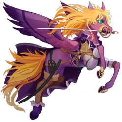 Size: 3000x3000 | Tagged: safe, artist:sitaart, derpibooru import, oc, oc:flowing grace, unofficial characters only, pegasus, pony, ponyfinder, armor, blonde, blonde hair, blonde mane, clothes, dungeons and dragons, fantasy class, feather, female, green eyes, leather armor, mare, pathfinder, pen and paper rpg, raised hoof, rapier, rpg, simple background, solo, spread wings, sword, transparent background, weapon, wings