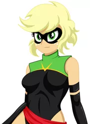 Size: 636x880 | Tagged: safe, artist:rosemile mulberry, derpibooru import, applejack, equestria girls, alternate hairstyle, clothes, equestrian city, female, freckles, impervia, mask, ms. marvel, simple background, solo, superhero, white background