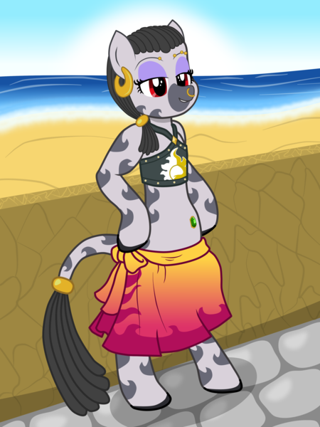 Size: 3000x4000 | Tagged: artist:theonewithoutaname, beach, bellyring, bikini, bikini top, bipedal, breasts, chestbreasts, clothes, clothing theft, colored hooves, delicious flat chest, derpibooru import, ear piercing, earring, eyebrow piercing, female, filly, foal, implied sunset shimmer, jewelry, nose piercing, nose ring, oc, oc:desta, ocean, piercing, safe, sarong, semi-anthro, skirt, solo, summer, summer sunset, swimsuit, tail, tail wrap, unofficial characters only, zebra, zebra oc