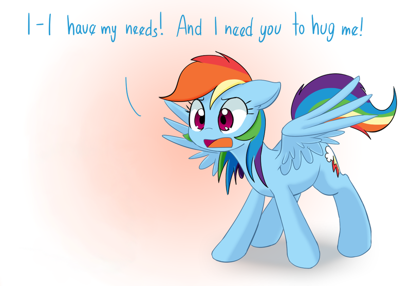 Size: 1197x834 | Tagged: safe, artist:adequality, artist:mcsadat, derpibooru import, edit, editor:anonymous, rainbow dash, pegasus, pony, rainbow dash presents, bronybait, cute, dashabetes, demands, dialogue, female, floppy ears, frown, gradient background, hug, hug request, mare, needy, open mouth, pointless edit, solo, spread wings, wide eyes, wings