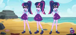 Size: 2304x1053 | Tagged: safe, derpibooru import, sci-twi, twilight sparkle, equestria girls, equestria girls series, beach, clothes, equestria girls logo, fashion photo booth, geode of telekinesis, glasses, multeity, one of these things is not like the others, rock, threelight sparkles, trilight, trio, twolight, water