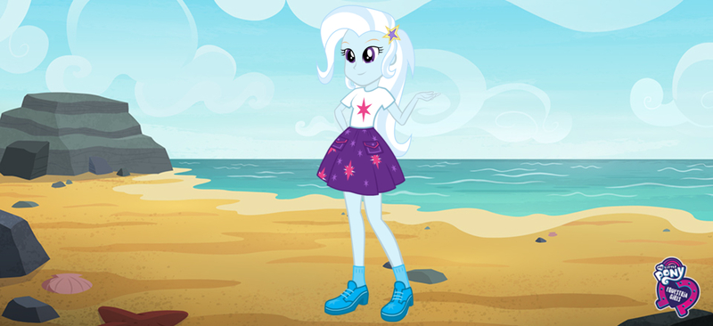 Size: 2304x1053 | Tagged: safe, derpibooru import, trixie, equestria girls, equestria girls series, beach, equestria girls logo, fashion photo booth, solo