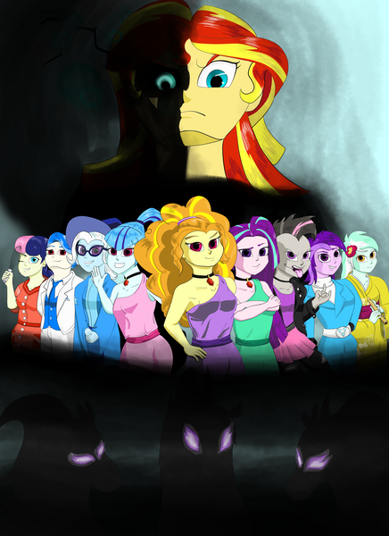 Size: 4800x6600 | Tagged: safe, artist:gogglespizano, derpibooru import, adagio dazzle, amethyst star, aria blaze, bon bon, lyra heartstrings, octavia melody, sonata dusk, sunset shimmer, sweetie drops, trixie, vinyl scratch, siren, fanfic, equestria girls, 50s, 80s, absurd resolution, alternate universe, balthazar bratt, clothes, cutie mark, dork, dress, fanfic art, fanfic cover, flute, glasses, greek, japanese, kimono (clothing), magician outfit, musical instrument, reference, rocktavia, role reversal, the dazzlings, vinyl class, whisk