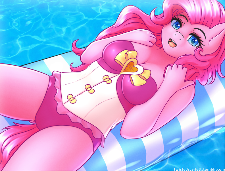 Size: 3430x2600 | Tagged: safe, artist:twistedscarlett60, derpibooru import, pinkie pie, anthro, earth pony, equestria girls, equestria girls series, forgotten friendship, adorasexy, air mattress, blushing, breasts, busty pinkie pie, cleavage, clothes, cute, female, float, lidded eyes, looking at you, mare, on back, open mouth, sexy, solo, swimming pool, swimsuit