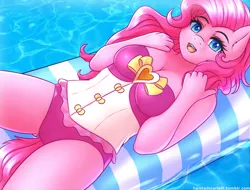 Size: 3430x2600 | Tagged: safe, artist:twistedscarlett60, derpibooru import, pinkie pie, anthro, earth pony, equestria girls, equestria girls series, forgotten friendship, adorasexy, air mattress, blushing, breasts, busty pinkie pie, cleavage, clothes, cute, female, float, lidded eyes, looking at you, mare, on back, open mouth, sexy, solo, swimming pool, swimsuit