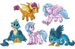 Size: 3001x1945 | Tagged: safe, artist:kaliner123, derpibooru import, gallus, silverstream, smolder, changeling, classical hippogriff, dragon, gryphon, hippogriff, school daze, season 8, behaving like a dog, cute, diastreamies, doodle, female, flying, gallabetes, male, paws, simple background, sitting, smiling, smolderbetes, underpaw, white background