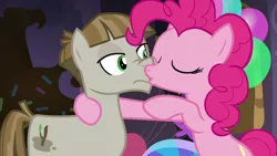 Size: 1920x1080 | Tagged: safe, derpibooru import, screencap, mudbriar, pinkie pie, earth pony, pony, the maud couple, duo, eyes closed, not what it looks like, out of context, party cave, personal space invasion, uncomfortable