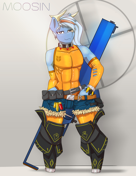 Size: 1920x2480 | Tagged: anthro, artist:mopyr, clothes, collar, derpibooru import, gun, jeans, leggings, oc, oc:moosin, outfit, pants, rifle, safe, sniper rifle, socks, solo, stockings, thigh highs, tight clothing, unofficial characters only, weapon, wide hips