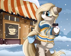Size: 2030x1608 | Tagged: safe, artist:pridark, derpibooru import, oc, unofficial characters only, pony, bipedal, building, cafe, cappuccino, clothes, commission, cup, looking back, scenery, snow, solo