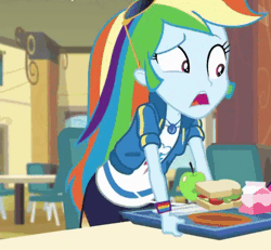 Size: 676x624 | Tagged: safe, derpibooru import, screencap, rainbow dash, equestria girls, equestria girls series, the last day of school, animated, animation error, apple, food, geode of super speed, magical geodes, sandwich, solo, sunglasses
