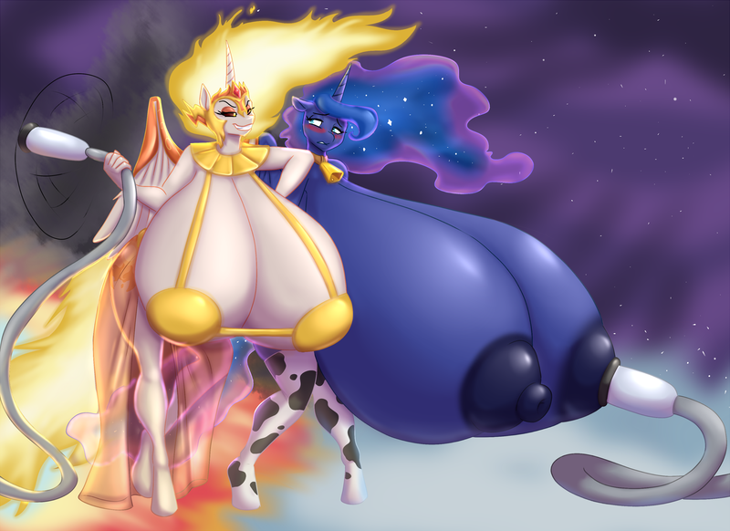 Size: 2750x2000 | Tagged: anthro, artist:blues64, artist:marauder6272, bell, bell collar, big breasts, breasts, busty daybreaker, busty princess luna, clothes, collar, colored, color edit, commission, cowbell, cowprint, daybreaker, derpibooru import, edit, female, fetish, fire, huge breasts, hyper, hyper breasts, impossibly large breasts, milking, milking fetish, milking machine, nipples, nudity, princess luna, questionable, role reversal, socks, thigh highs, unguligrade anthro