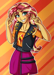 Size: 1800x2500 | Tagged: safe, artist:jack-pie, derpibooru import, sunset shimmer, equestria girls, equestria girls series, abstract background, beautiful, blushing, clothes, female, jacket, leather jacket, peace sign, skirt, smiling, solo