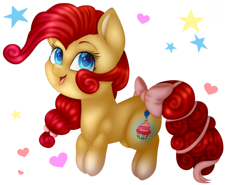 Size: 4712x3864 | Tagged: safe, artist:spirit-1, derpibooru import, pinkie pie, pony, alternate design, bow, chibi, heart, simple background, solo, stars, tail bow, transparent background