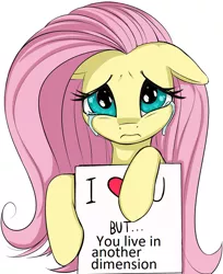 Size: 873x1068 | Tagged: safe, artist:coinpo, derpibooru import, edit, fluttershy, pegasus, pony, 3:, bronybait, crying, cute, exploitable meme, female, floppy ears, frown, heart, hoof hold, looking at you, mare, meme, sad, shyabetes, sign, simple background, solo, white background