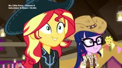 Size: 1280x720 | Tagged: safe, derpibooru import, screencap, sci-twi, sunset shimmer, twilight sparkle, equestria girls, equestria girls series, five to nine, cowgirl, cute, duo, female, shimmerbetes, smiling, twiabetes