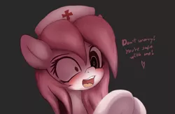 Size: 3200x2088 | Tagged: safe, artist:an-m, derpibooru import, oc, oc:setna, unofficial characters only, earth pony, pony, blushing, clothes, dialogue, female, hat, heart, heterochromia, mare, mismatched eyes, nurse hat, open mouth, socks, solo, underhoof