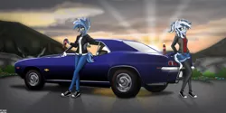 Size: 3812x1906 | Tagged: anthro, artist:maxiclouds, car, chevrolet camaro, clothes, coca-cola, converse, derpibooru import, duo, female, glasses, hand in pocket, hoodie, jeans, looking at you, mountain, oc, oc:maxi, oc:pixi feather, pants, safe, shirt, shoes, shorts, smiling, sneakers, sunset, tights