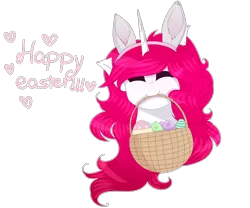 Size: 6000x5000 | Tagged: safe, artist:doux-ameri, derpibooru import, oc, oc:button love, pony, unicorn, absurd resolution, basket, bust, easter egg, female, mare, mouth hold, portrait, simple background, solo, transparent background