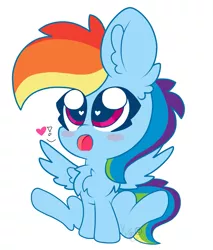Size: 1743x2048 | Tagged: safe, artist:kittyrosie, derpibooru import, rainbow dash, pegasus, pony, blush sticker, blushing, bunny sitting, chest fluff, chibi, cute, dashabetes, ear fluff, female, heart, heart eyes, looking at you, mare, open mouth, simple background, solo, white background, wingding eyes