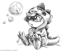 Size: 1100x914 | Tagged: safe, artist:kaemantis, deleted from derpibooru, derpibooru import, silver spoon, earth pony, pony, bubble, bubble bobble, clothes, costume, cute, female, filly, glasses, kigurumi, monochrome, silverbetes, sitting, solo, taito, traditional art