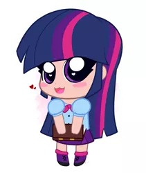 Size: 1727x2048 | Tagged: safe, artist:kittyrosie, derpibooru import, twilight sparkle, twilight sparkle (alicorn), alicorn, equestria girls, :3, blush sticker, blushing, book, bowtie, chibi, clothes, cute, heart, heart eyes, human coloration, leg warmers, looking at you, open mouth, shirt, shoes, simple background, skirt, twiabetes, white background, wingding eyes