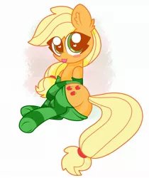 Size: 1777x2116 | Tagged: suggestive, artist:kittyrosie, derpibooru import, applejack, earth pony, pony, :p, applebutt, blush sticker, blushing, chibi, clothes, ear fluff, female, heart eyes, looking at you, mare, silly, simple background, socks, solo, striped socks, tongue out, white background, wingding eyes