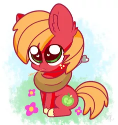 Size: 902x952 | Tagged: safe, artist:kittyrosie, derpibooru import, big macintosh, earth pony, pony, chibi, ear fluff, female, flower, hay stalk, heart eyes, looking at you, macabetes, male, mare, solo, stallion, straw in mouth, wingding eyes