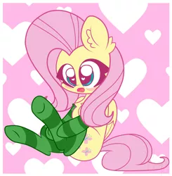 Size: 3008x3064 | Tagged: safe, artist:kittyrosie, derpibooru import, fluttershy, pegasus, pony, blush sticker, blushing, chest fluff, chibi, clothes, cute, ear fluff, female, heart eyes, looking at you, mare, open mouth, shyabetes, socks, solo, striped socks, wingding eyes