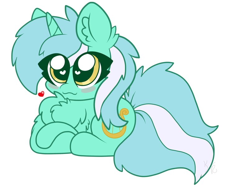 Size: 3592x2936 | Tagged: safe, artist:kittyrosie, derpibooru import, lyra heartstrings, pony, unicorn, :3, blush sticker, blushing, chest fluff, cute, ear fluff, female, fluffy, heart, heart eyes, impossibly large chest fluff, looking at you, lyrabetes, mare, prone, simple background, solo, white background, wingding eyes