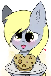 Size: 1379x2048 | Tagged: safe, artist:kittyrosie, derpibooru import, derpy hooves, pegasus, pony, blushing, cute, derpabetes, ear fluff, female, food, heart, looking at you, mare, muffin, open mouth, plate, solo