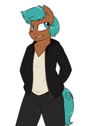 Size: 1400x2000 | Tagged: safe, artist:notenoughapples, derpibooru import, oc, oc:apples, unofficial characters only, anthro, earth pony, anthro oc, clothes, hands in pockets, male, pants, shirt, simple background, solo, stallion, transparent background