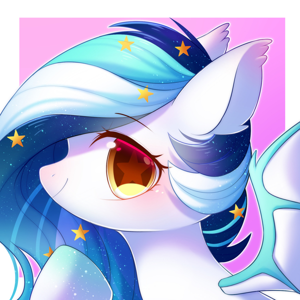 Size: 1800x1800 | Tagged: safe, artist:leafywind, derpibooru import, oc, oc:wistful galaxy, unofficial characters only, bat pony, pony, abstract background, bat pony oc, bat wings, bust, colored pupils, colored wings, ear fluff, ethereal mane, female, looking at you, mare, portrait, solo, spread wings, starry eyes, starry mane, wingding eyes, wings