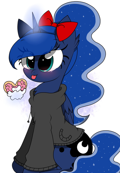 Size: 1423x2048 | Tagged: safe, artist:kittyrosie, derpibooru import, princess luna, alicorn, pony, blushing, bow, chest fluff, chibi, clothes, donut, ear fluff, female, food, hoodie, levitation, magic, mare, simple background, solo, sweater, telekinesis, tongue out, white background