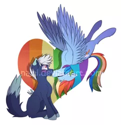 Size: 1088x1120 | Tagged: safe, artist:najti, derpibooru import, rainbow dash, oc, earth pony, pegasus, pony, blushing, canon x oc, cel shading, cellshaded, cute, flying, full body, heart, holiday, kissing, obtrusive watermark, patreon, patreon preview, shipping, sitting, surprise kiss, surprised, valentine's day, watermark