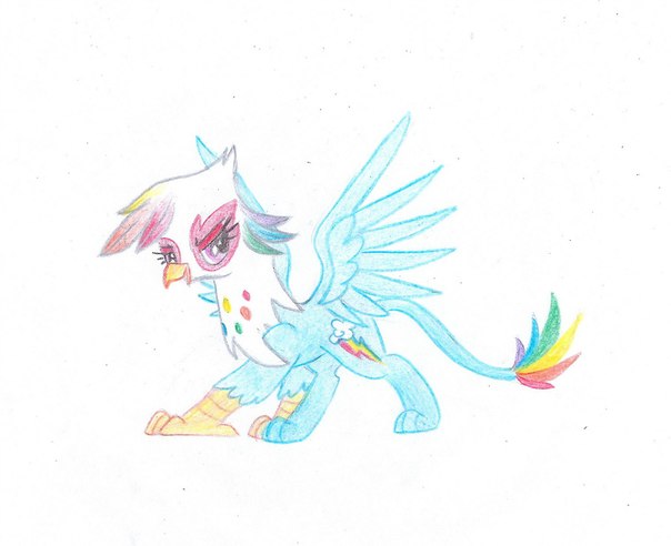 Size: 604x492 | Tagged: safe, artist:pony-paint, derpibooru import, rainbow dash, gryphon, female, griffonized, open mouth, rainbow griffon, simple background, solo, species swap, spread wings, traditional art, white background, wings