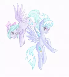 Size: 542x604 | Tagged: safe, artist:pony-paint, derpibooru import, cloudchaser, flitter, pegasus, pony, bow, duo, female, flying, hair bow, mare, simple background, sisters, traditional art, white background