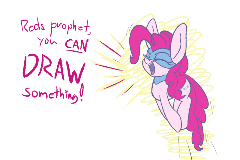 Size: 1500x1000 | Tagged: safe, artist:heir-of-rick, derpibooru import, pinkie pie, earth pony, pony, chalkzone, dialogue, eyes closed, female, mare, mask, motivational, positive ponies, pronking, snaponka, snappy pie, solo