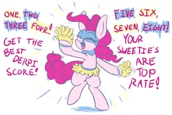 Size: 1500x1000 | Tagged: safe, artist:heir-of-rick, derpibooru import, pinkie pie, earth pony, pony, bipedal, chalkzone, cheering, cheerleader, clothes, cute, dialogue, diapinkes, female, mare, mask, miniskirt, pom pom, simple background, skirt, skirt lift, snaponka, snappy pie, solo, technically an upskirt shot, white background