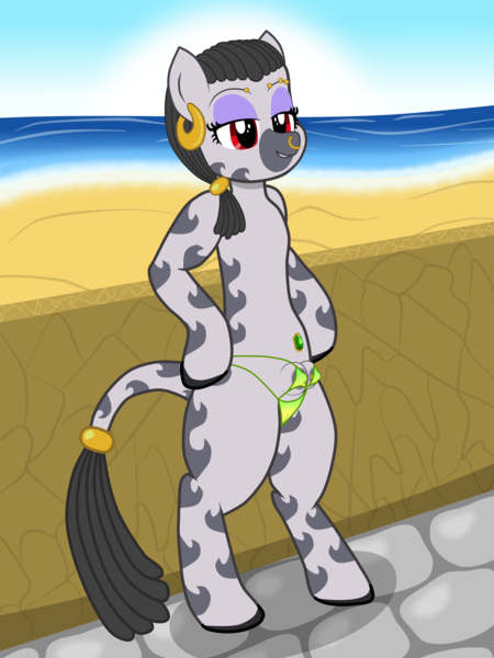 Size: 3000x4000 | Tagged: alternate costumes, alternate version, areola, areola slip, artist:theonewithoutaname, beach, bellyring, bikini, bikini bottom, bikini top, bipedal, cameltoe, clothes, colored hooves, crotchboobs, derpibooru import, ear piercing, earring, erect nipples, erect teats, eyebrow piercing, female, filly, foal, foalcon, jewelry, nipples, nose piercing, nose ring, nudity, oc, oc:desta, ocean, piercing, questionable, semi-anthro, skimpy outfit, solo, solo female, summer, swimsuit, tail, tail wrap, teat piercing, teats, unofficial characters only, wardrobe malfunction, zebra