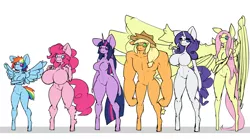 Size: 3600x2000 | Tagged: suggestive, artist:limebreaker, derpibooru import, applejack, fluttershy, pinkie pie, rainbow dash, rarity, twilight sparkle, anthro, earth pony, gorilla, pegasus, unguligrade anthro, unicorn, :3, applejacked, barbie doll anatomy, big breasts, breasts, busty pinkie pie, busty rarity, busty twilight sparkle, featureless breasts, featureless crotch, female, floppy ears, huge breasts, impossibly large wings, looking at you, mane six, mare, muscles, quality, simple background, smiling, spread wings, wat, white background, wings